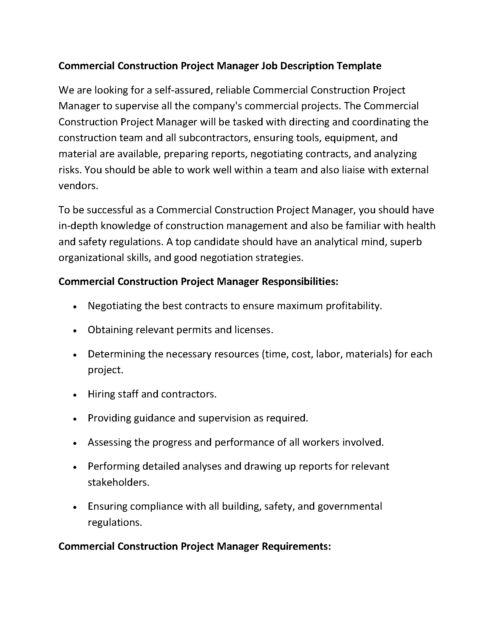 Commercial Construction Project Manager Job Description Template